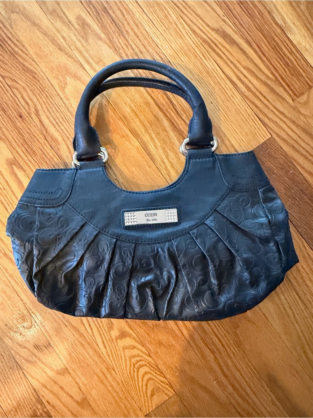 GUESS Vintage (2012) Black Embossed Logo Pleated Shoulder Bag